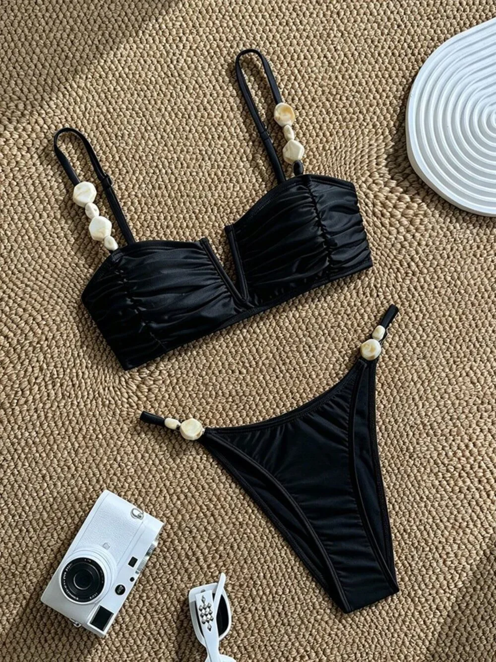 black Sexy Women's Beach Satin Shell Decor Bikini Set